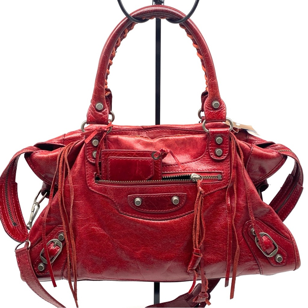 Balenciaga Original City Red Lambskin Leather Studs Shoulder Handbag Med S/S04